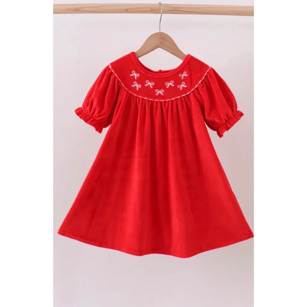 Abby & Evie Girls Red Velvet Bow Embroidered Babydoll Holiday Dress‎ Size 8
